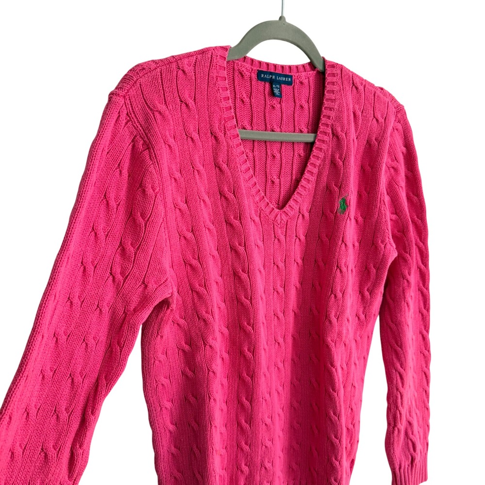Ralph Lauren Hot Pink Cable Knit Sweater XL Pony Logo Preppy Y2K Academia - Picture 2 of 5